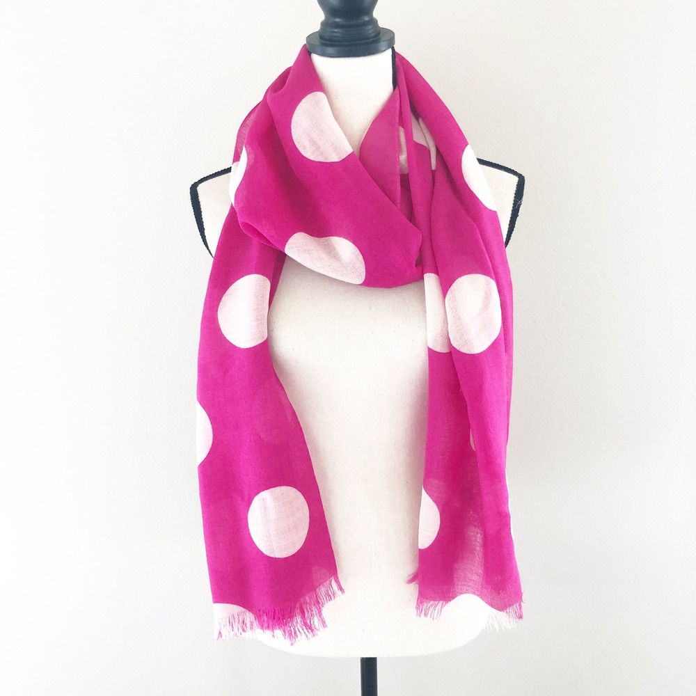 Kate Spade Scarf Pink Polka Dot 100% Wool Eyelash Fringe 81x24 Wrap